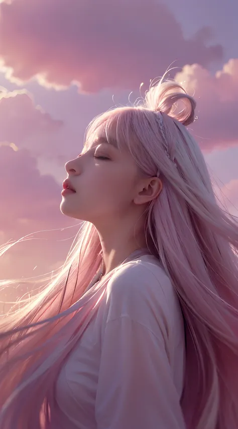 high qulity，4K，detailed detail，Dreamy，hyper realisitc，Up and down opposites，Parallel worlds，Girls fall from the sky，long  white hair，Vertical descent，closing her eyes，Keep quiet，Girl in the Clouds，Pink light and shadow，