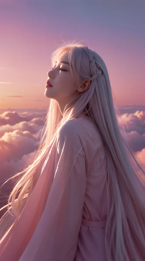 high qulity，4K，detailed detail，Dreamy，hyper realisitc，Up and down opposites，Parallel worlds，Girls fall from the sky，long  white hair，Vertical descent，closing her eyes，Keep quiet，Girl in the Clouds，Pink light and shadow，