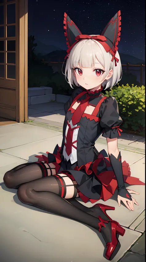 Rory Mercury, Rory Mercury,  white colored hair, blunt bangs, Bob haircut, hair ornament, red lipstick, hairlong, cute face, makeup, (small chest:1.2), (red eyes:1.5), BREAK Gothic underwear, the perfect body (little chest:1.3) Хорни,  BREAK in full growth...