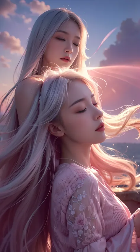 high qulity，4K，detailed detail，Dreamy，hyper realisitc，Up and down opposites，Parallel worlds，Girls fall from the sky，long  white hair，Vertical descent，closing her eyes，Keep quiet，Girl in the Clouds，Pink light and shadow，