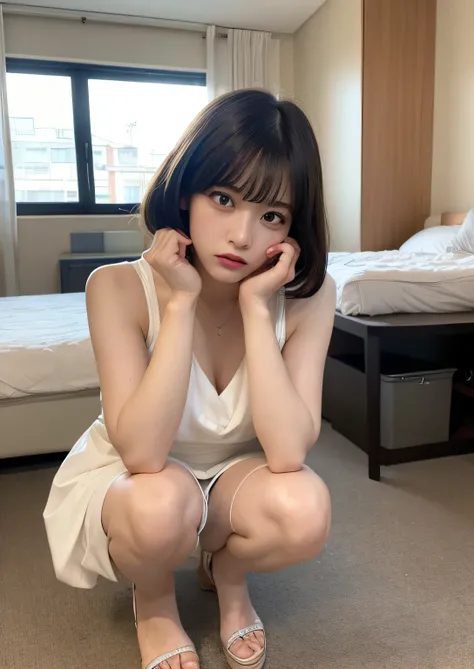 finely detail, hight resolution, hightquality、Perfect dynamic composition, Beautiful detailed eyes, Bob Layer Cut、all-fours、Natural Color Lip, Squatting,Kamimei、in her 20s、1 persons、Transparent skin、Glowing hair、Bedrooms、Bedroom、inside in room、frontage、moo...