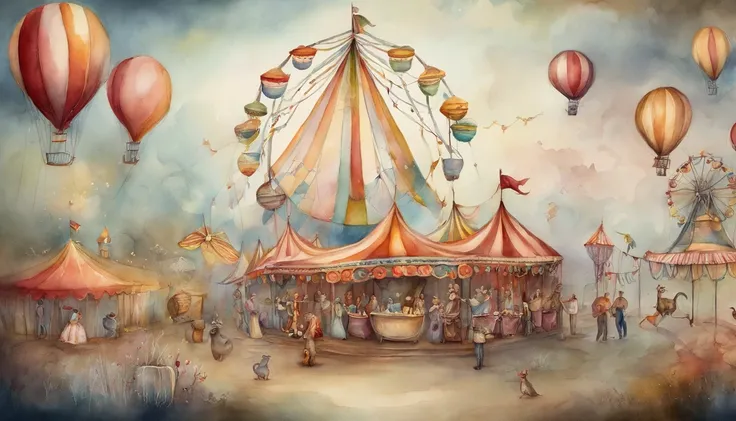 there is a picture of a carnival, ethereal and dreamy theme, dreamy and detailed, adorable and whimsical, whimsical and cute, witchlight carnival, welcome to the circus, circus background, very magical and dreamy, dreamy illustration, illustrated in whimsi...