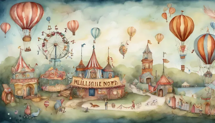 there is a picture of a carnival, ethereal and dreamy theme, dreamy and detailed, adorable and whimsical, whimsical and cute, witchlight carnival, welcome to the circus, circus background, very magical and dreamy, dreamy illustration, illustrated in whimsi...