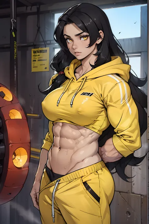 ((((((muscular 1 girl)))))), huge breasts, toned body, black hair, pale skin, yellow eyes, very long hair hoodie sweatpants, navel