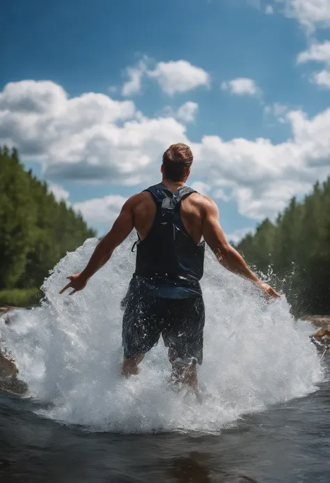 water, wet, splashing, liquid, sunny, day, blue sky, clouds, nature, natural setting, (character focus:1.1), sharp focus, realistic, highly detailed, ultra detailed, best quality, highest quality, realistic lighting, hyperdetailed, hyperrealism, greg rutko...