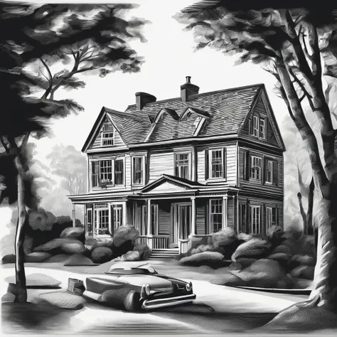 A black and white image of a house with a paintbrush and a paint roller, Illustration de la maison, travail au pinceau, Illustrated logo, Logo noir et blanc, sur fond noir de couleur plate, brosserie lisse, balayage du pinceau, vecteur noir et blanc, maiso...