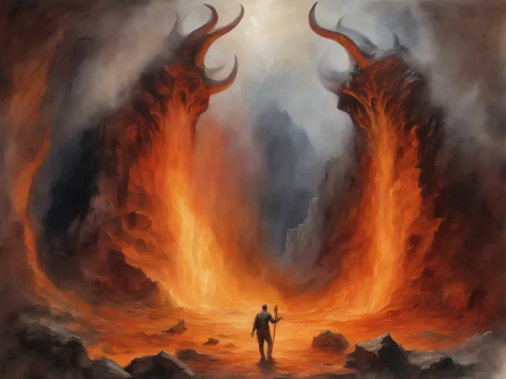 Realistic 8K oil painting of people suffering in the wells of hell, In the middle of the image Elon Musk with horns on his head, Obra de arte inspirada no Inferno de Dante