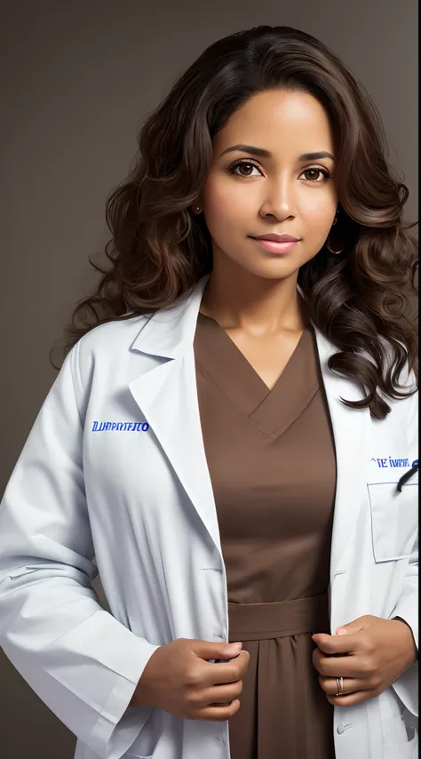 front view, looking at camera, RAW photo, ((doctors coat: 1.2)), ((portrait)), beautiful wavy hair, 40-year-old woman, brown skin
brown eyes, perfect eyes, ((white background: 1.2)), studio lighting, high quality, film grain, Fujifilm XT3,
centralized