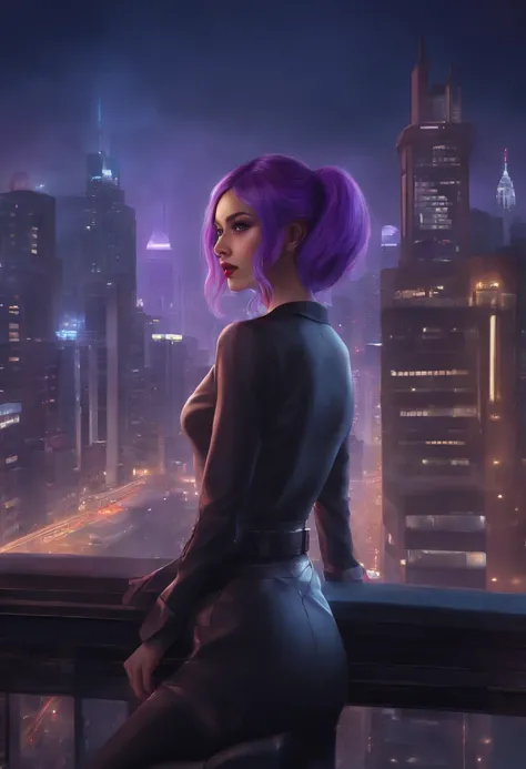 Masterpiece, best quality, 1 girl, city, cigarette, skyscraper, cityscape, pantyhose, city lights, cyberpunk, bartender, smoking, solo, looking at viewer, long sleeves, (purple hair), pencil skirt, long hair, red eyes, shirt, skirt, swept bangs, twintails,...