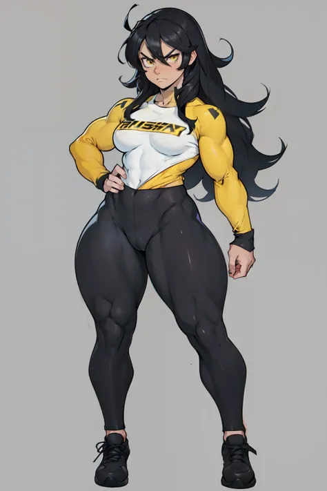 (((((muscular))))), (((thick thighs, small breasts, toned body, 1 girl))), black hair, pale skin, yellow eyes, angry, very long hair, (tight shirt long sleeves leggings) ((full body))