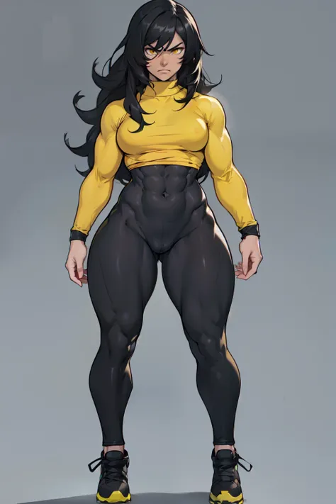 (((((muscular))))), (((thick thighs, small breasts, toned body, 1 girl))), black hair, pale skin, yellow eyes, angry, very long hair, (tight shirt long sleeves leggings) ((full body))