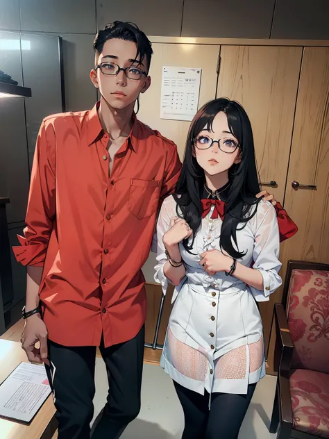 Male and female couples　Girl sitting on a chair wearing a tight skirt over a blouse。Boys hugging each other from behind。Boy in high school long pants uniform with mash cut hairstyle。With glasses realastic