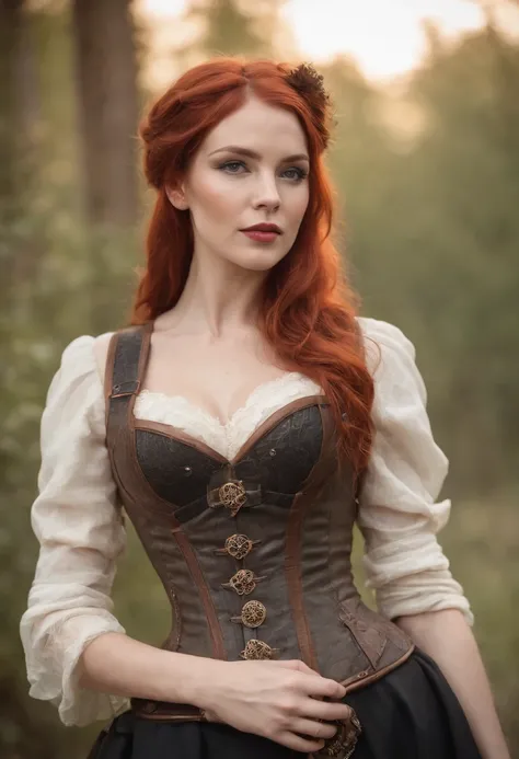 a woman with red hair and a corset posing for a picture, a steampunk beautiful goddess, steampunk aesthetic, steampunk cyberpunk, vests and corsets, steampunk girl, steampunk style, steampunk!, steampunk, steampunk fantasy style, wearing steampunk attire, ...