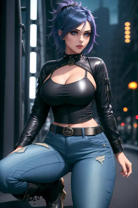 beautiful girl, full body, short bright blue dishevelled hair, black eyeshadow, (street style wear:1.2), ((tight fitted denim jeans)), ((knee high leather boots)), (deep cleavage), (dark city night background:1.2), dark makeup, digital art, trending on art...