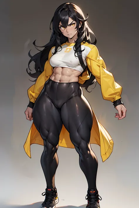 (((((muscular))))), (((thick thighs, small breasts, toned body, 1 girl))), black hair, pale skin, yellow eyes, angry, very long hair, (tight shirt long sleeves leggings) ((full body))