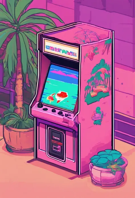 kawaii aesthetic, Arcade Game Room, lofi, Vaporwave, Synth Wave, Tropical, Hawaiian, surfing