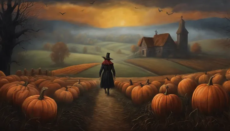 Vintage style dark gothic art wall painting, scarecrow in a misty field full of pumpkins Halloween