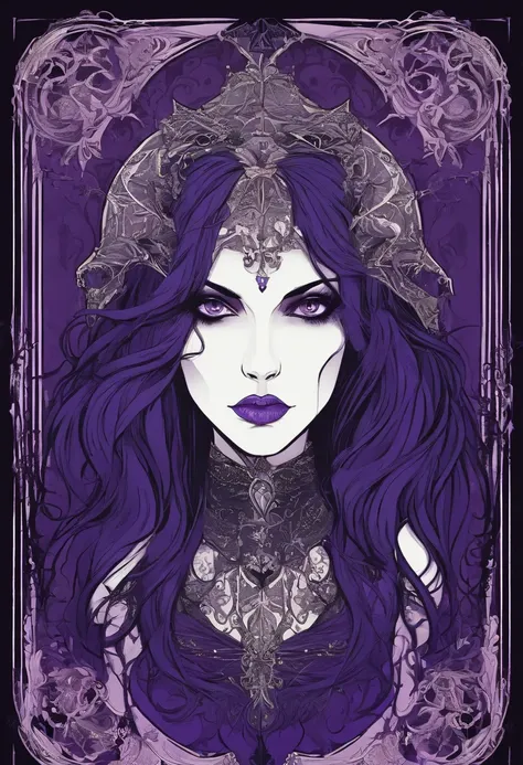 vampire girl Very scary and linda, ART nouveau, purple background, gothic style, fire lights