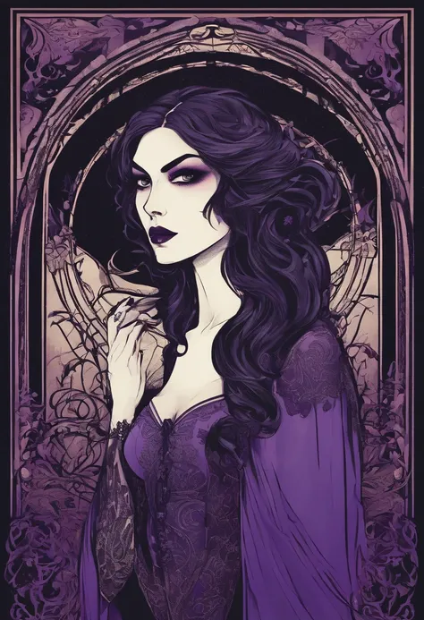 vampire girl Very scary and linda, ART nouveau, purple background, gothic style, fire lights