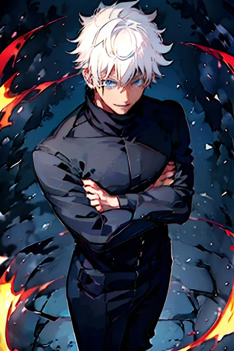 gojou, best quality, ultra detailed, 1man, solo, standing, white hair, blue eyes, black t shirt, tshirt, t-shirt, black slacks p...