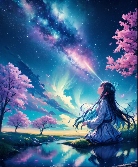 Cute girl characters、Iridescent grass々Drawing a butterfly flying over the water, Looking up at the starry sky. Surround her with colorful nebulae and colorful forests.