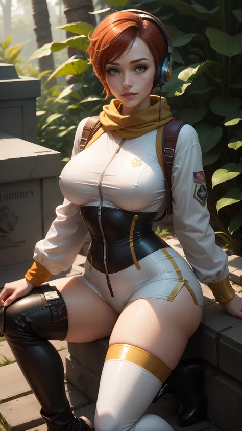 gwen tennyson,tracer,chun-li,rebecca chambers,tomb raider,overwatch,1girl, close up,mecha pilot,mayan jungle,red and white plugsuit,hair pin,pirate corset,white long sleeve lycra top,silver lycra micro shorts,short hair,cute makeup,green eyes,orange and go...