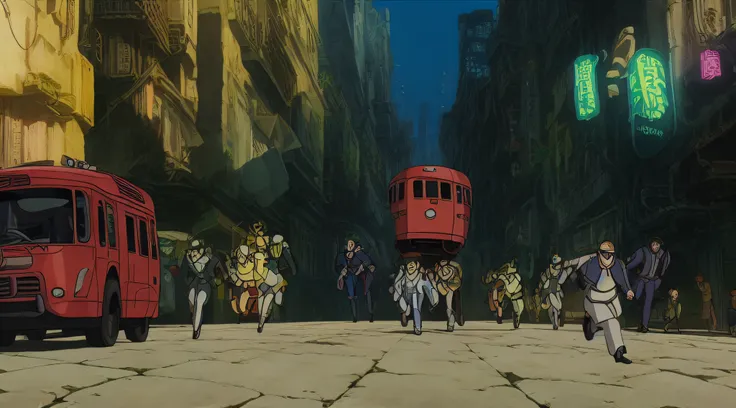 high-definition anime screengrab of a boy and girl, running from mech cops in a cyberpunk city, Studio Ghibli style