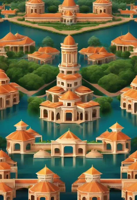 Architectural ensemble with nine pyramidal buildings symmetrically aligned with the center and divided by lakes and trees