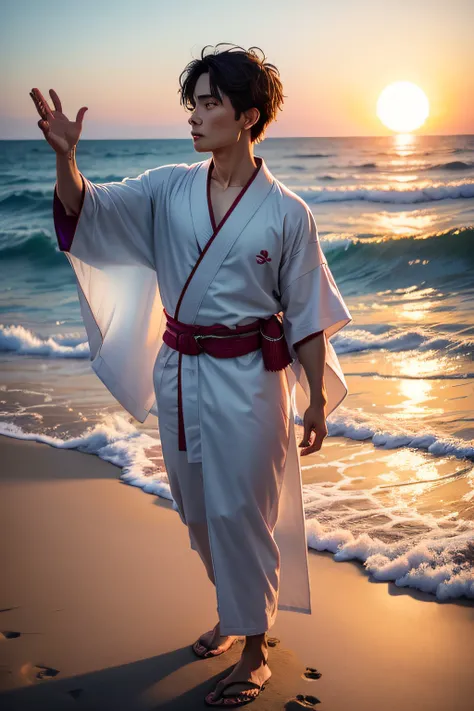 um homem oriental jovem usando kimono fazendo tai-chi em cima de uma prancha de surf na praia. Gaivotas voando ao fundo num belo por do sol.