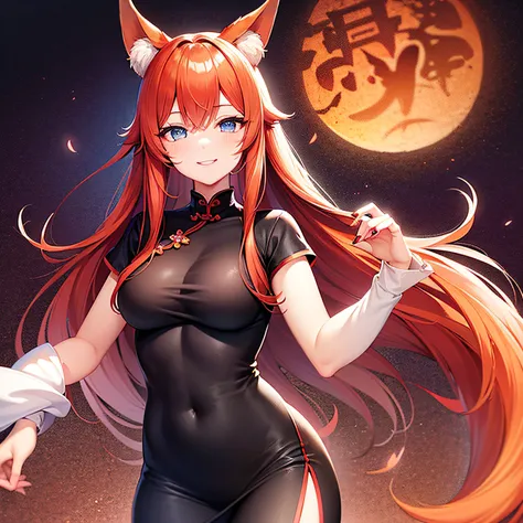 solo woman, kitsune woman (red skin), (blue eyes), fox ears (red ears), long hair, inner hair, (red hair), fox tail, (red tail), shy face, light smile, (purple and black clothes), QIPAO dress whit flounce,