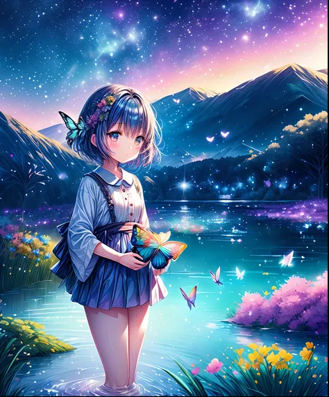 cute girl characters、iridescent grass々drawing a butterfly flying over the water, looking up at the starry sky. surround her with...