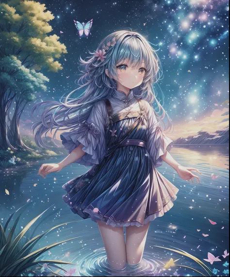 cute girl characters、iridescent grass々drawing a butterfly flying over the water, looking up at the starry sky. surround her with...