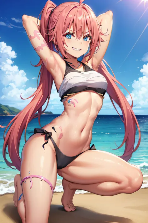 ((female)), (very messy hair), (happy smile), fangs, ((ripped abdomen)), toned arms and legs, medium breasts, (summer beach scene), blue eyes, yacht in the background, of foot, barefoot