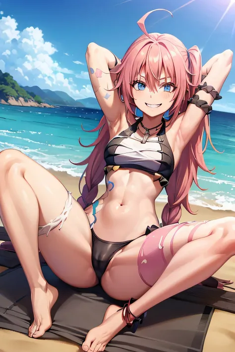 ((female)), (very messy hair), (happy smile), fangs, ((ripped abdomen)), toned arms and legs, medium breasts, (summer beach scene), blue eyes, yacht in the background, of foot, barefoot