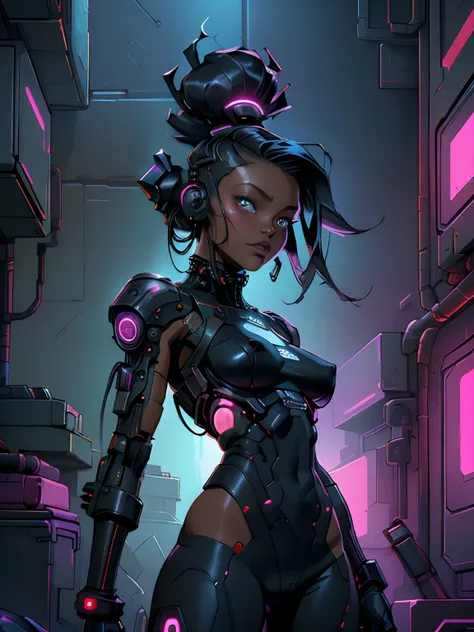 ((nsfw cyber punk Mulher negra de 30 anos)), (qualidade superior、8k、32k、obra prima, NSFW)、The ultra-A high definition、Fotorrealista:1.4、Fotografia RAW, a parte superior do corpo, Figura perfeita encantadora, actionpose:1.2, Moda cyberpunk detalhada, Mundo ...