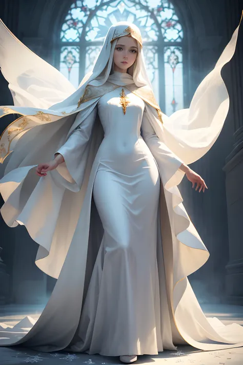 The Virgin Mary stands at full height, in a long, beautiful white dress, Beautiful shoes, Beautiful face of the Virgin Mary, blue eyes, Transparent veil on the head, Dressed full-length in blue and gold robes, Angels nearby in white robes, are flying, Whit...