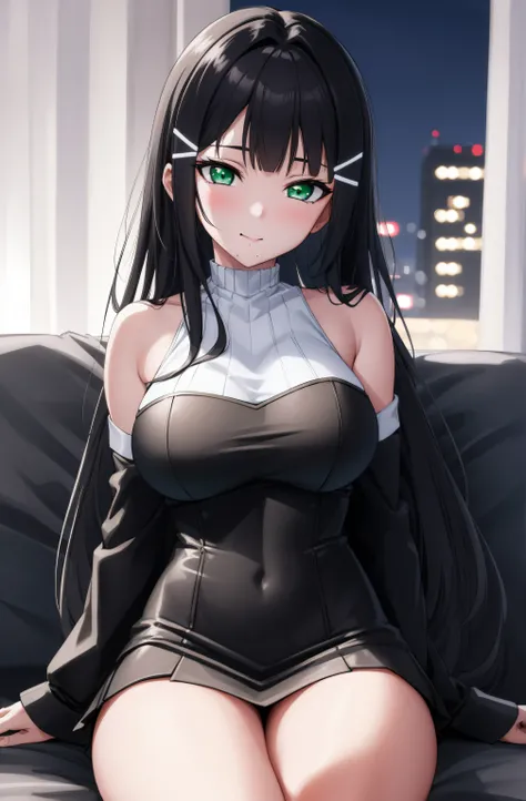 (Night:1.7), Cyberpunk_CityView, Before Window,
sitting at attention,sitting on couch,
white and blue outfit,black_legwear,miniskirt,
dia kurosawa, black hair, (green eyes:1.5), blunt bangs, grey skirt, hair ornament, hairclip, mole, mole under mouth, long...