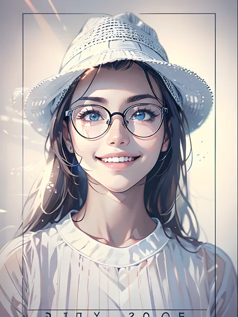 Beautiful woman, 20 years old, Simple smile, only face, watching the future, white frame, eye glass, wearing hat, Blurred background, linear art