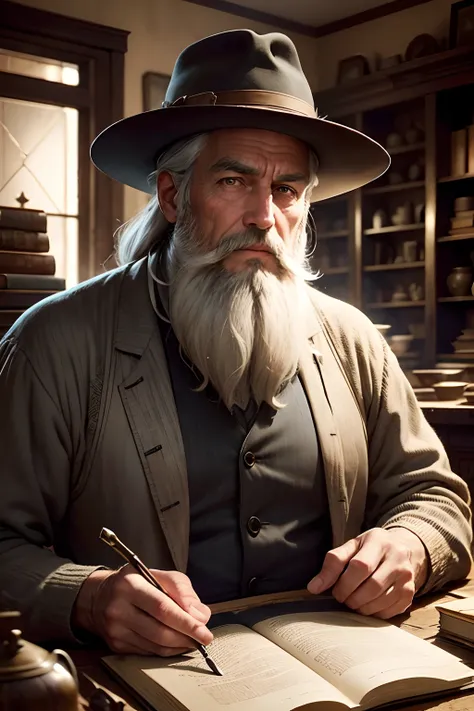 cinematic style，Old antique，gray hair and beard，In his antique shop，old book，Ancient，There was a fire in the house，There was a man sitting at the table, Handsome man，Look straight ahead，largeeyes，with hat