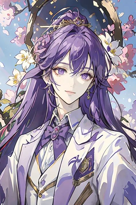 ((masterpiece: 1.2, best quality)), 1 man, long purple hair, purple eyes (handsome: 1.4), white suit, fantasy, uniform, royalty, forest, blooming flowers, sunlight, fantastic light and shadow , landscape, extremely detailed face, portrait, smile, red earri...