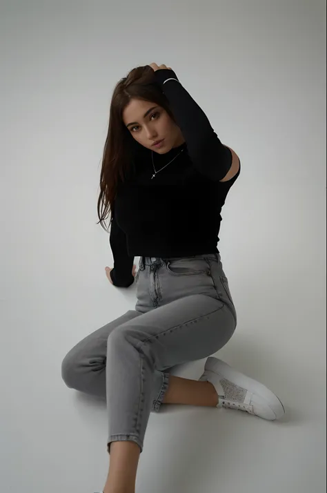 The woman, Sitting on a white surface, He wears a black shirt and jeans, Random Pose, in jeans and a black hoodie, attractive pose, 2 4 year old female model, Wearing casual clothes, relaxed pose, Wearing casual clothes, casual wear, Satisfied posture, Con...