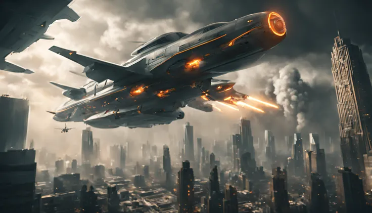 sci-fi huge long aircraft flying (huge nuclear explosion at background) in the sky of a futuristic cyberpunk city, its 18 powerful jet engines propelling the spacecraft forward with a futuristic grace, A breathtaking view from side, thunder flashing, apoca...