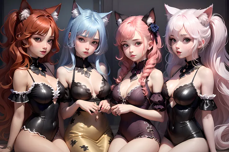 best quality Cat Girl Beauties, Multiple Girls, (Various Hair-styles:1.2), (Various Hair-colors), (Various Boob-Sizes), ((diverse and cute Attire:1.2)), Welcoming, Tail, Sisters, Parent and Child, Family-Portrait, Close Contact, Full-Body