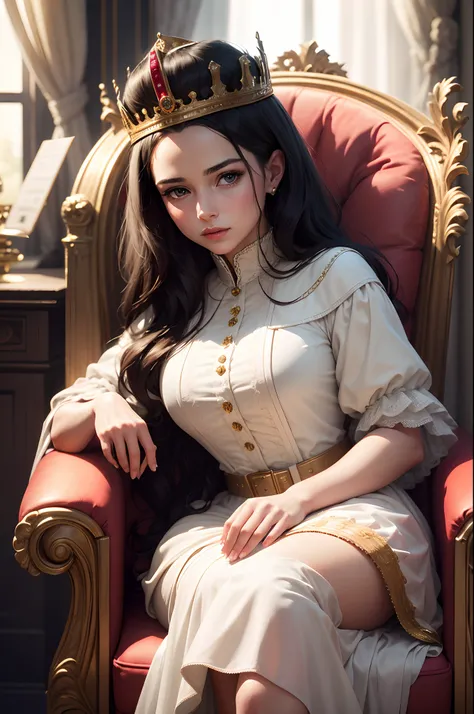 Masterpice, high quality, 8k quality, 1 lady, young Queen Elizabeth 2, Queen of United Kingdom, wearing royal uniform with her crown of Dimond sitting on royal throne, cloth cover all her body included her legs,the royal uniform cover all body , long skirt...