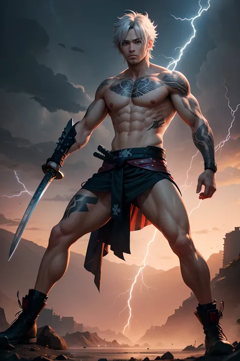 Estilo anime, Create a lightning and thunder character with tattoos and scars, corpo inteiro, lightning coming out of the eyes, Samurai Sword in Hands, Katana, anime, 4k,olhos azuis , macho, raio saindo dos olhos, por Yang J, Makoto Shinkai (apex legends)