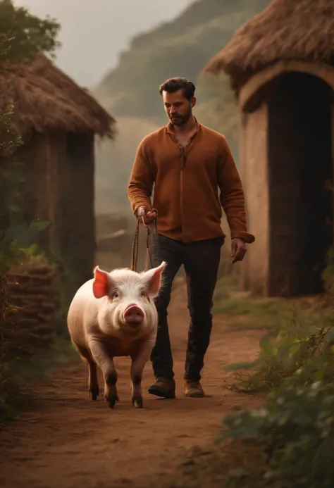 homem velho, de cabelos brancos, Standing playing with a pet pig