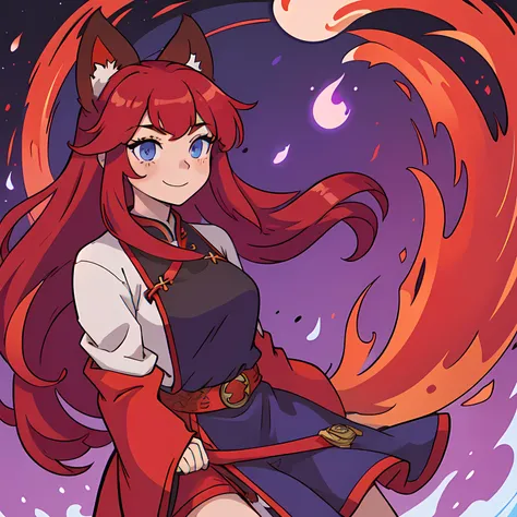 solo woman, kitsune woman (red skin), (blue eyes), fox ears (red ears), long hair, inner hair, (red hair), fox tail, (red tail), shy face, light smile, (purple and black clothes), QIPAO dress whit flounce,