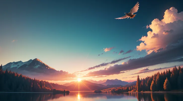 view many birds flying, close up, back lens, Pixar Movie Style, best quality, Cinematic Movie Still, very cute, amazing forest, lake on ground, mountains on horizon, amazing sunset