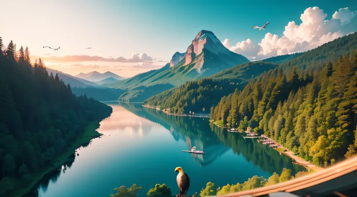 view of birds flying, parrot flying, eagle flying, heron flying, toucan flyingclose up, back lens, Pixar Movie Style, best quality, Cinematic Movie Still, very cute, amazing forest, lake on ground, mountains on horizon, amazing sunset