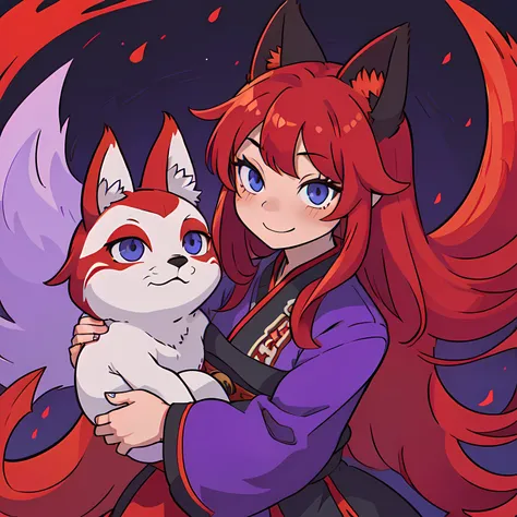 solo woman, kitsune woman (red skin), (blue eyes), fox ears (red ears), long hair, inner hair, (red hair), fox tail, (red tail), shy face, light smile, (purple and black clothes), QIPAO dress whit flounce,